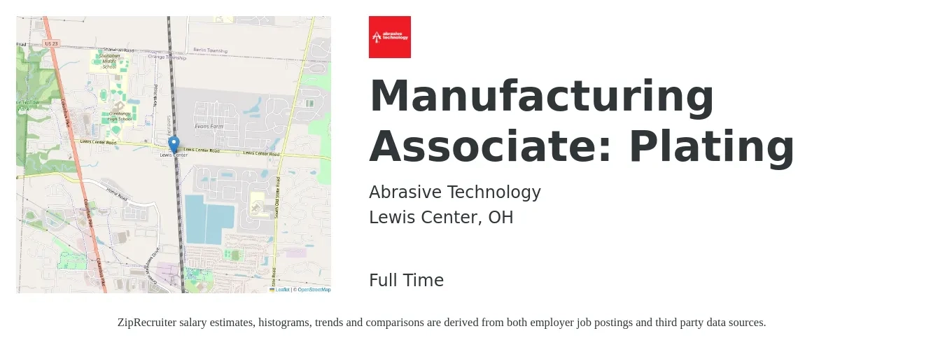 Abrasive Technology job posting for a Manufacturing Associate: Plating in Lewis Center, OH with a salary of $16 to $23 Hourly with a map of Lewis Center location.
