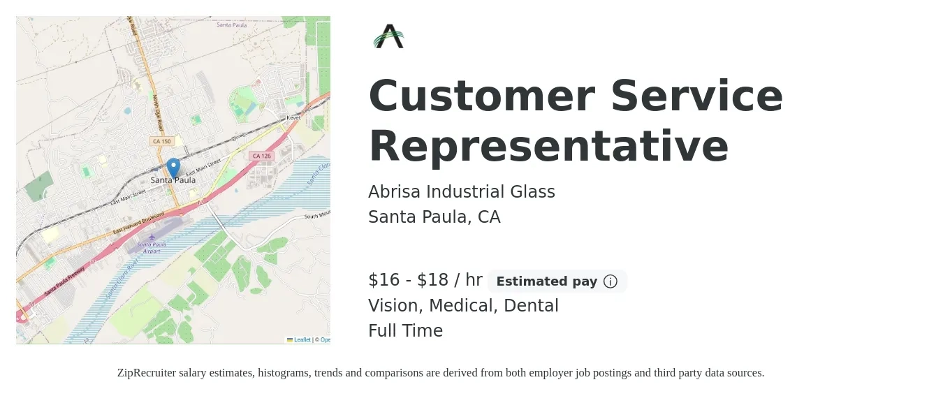 Abrisa Industrial Glass job posting for a Customer Service Representative in Santa Paula, CA with a salary of $17 to $19 Hourly and benefits including retirement, vision, dental, life_insurance, medical, and pto with a map of Santa Paula location.