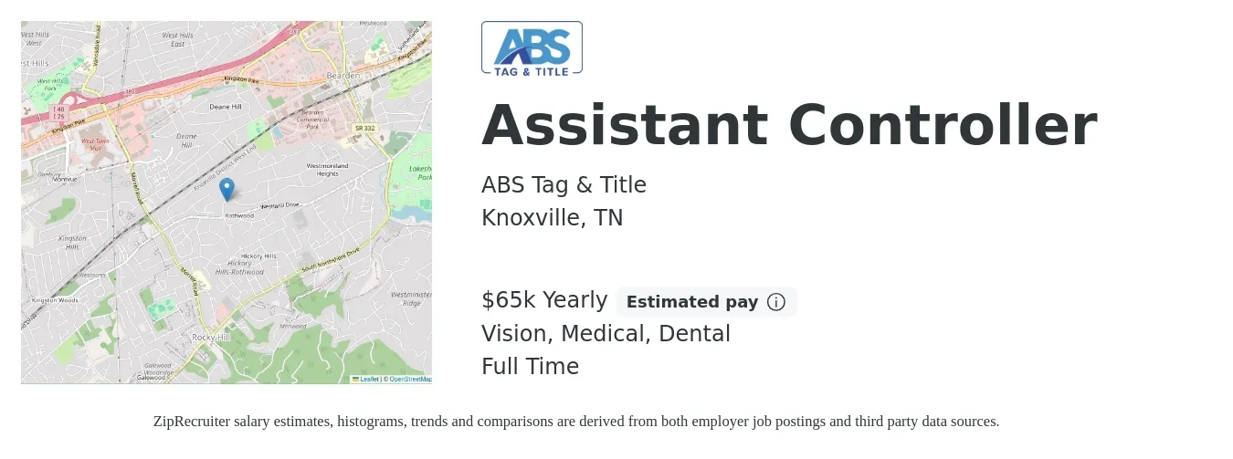 ABS Tag & Title job posting for a Assistant Controller in Knoxville, TN with a salary of $65,000 Yearly and benefits including life_insurance, medical, pto, retirement, vision, and dental with a map of Knoxville location.