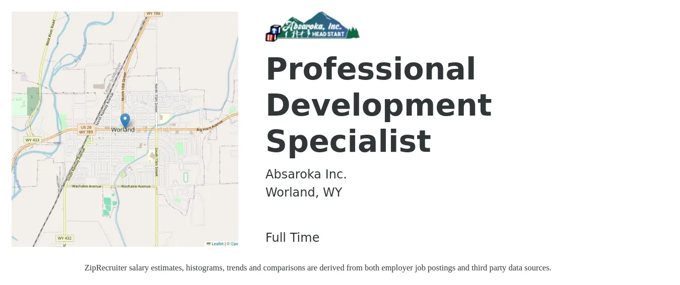 Absaroka Inc. job posting for a Professional Development Specialist in Worland, WY with a salary of $58,790 Yearly with a map of Worland location.