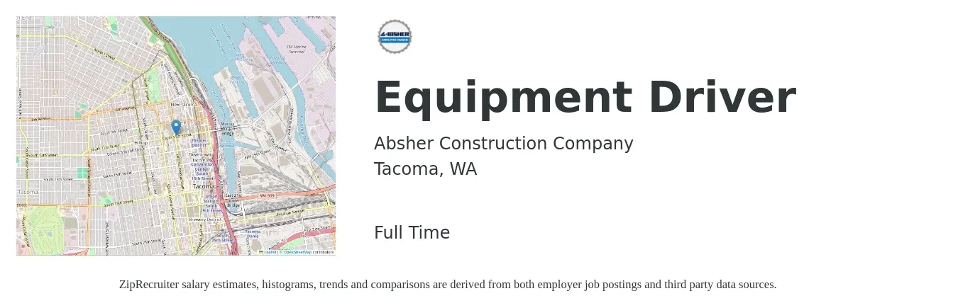 Absher Construction Company job posting for a Equipment Driver in Tacoma, WA with a salary of $30 to $50 Hourly with a map of Tacoma location.