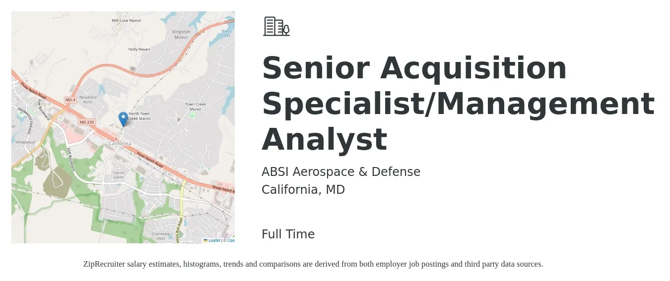 ABSI Aerospace & Defense job posting for a Senior Acquisition Specialist/Management Analyst in California, MD with a salary of $66,100 to $93,000 Yearly with a map of California location.