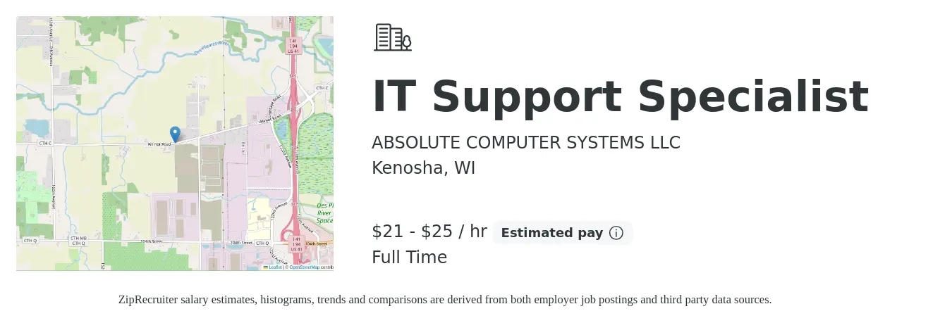 ABSOLUTE COMPUTER SYSTEMS LLC job posting for a IT Support Specialist in Kenosha, WI with a salary of $22 to $26 Hourly (plus commission) with a map of Kenosha location.