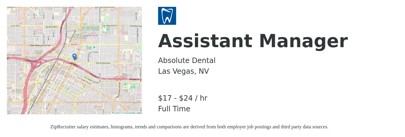 Absolute Dental job posting for a Assistant Manager in Las Vegas, NV with a salary of $18 to $25 Hourly with a map of Las Vegas location.