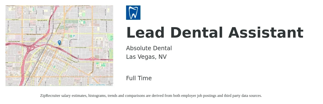 Absolute Dental job posting for a Lead Dental Assistant in Las Vegas, NV with a salary of $19 to $26 Hourly with a map of Las Vegas location.