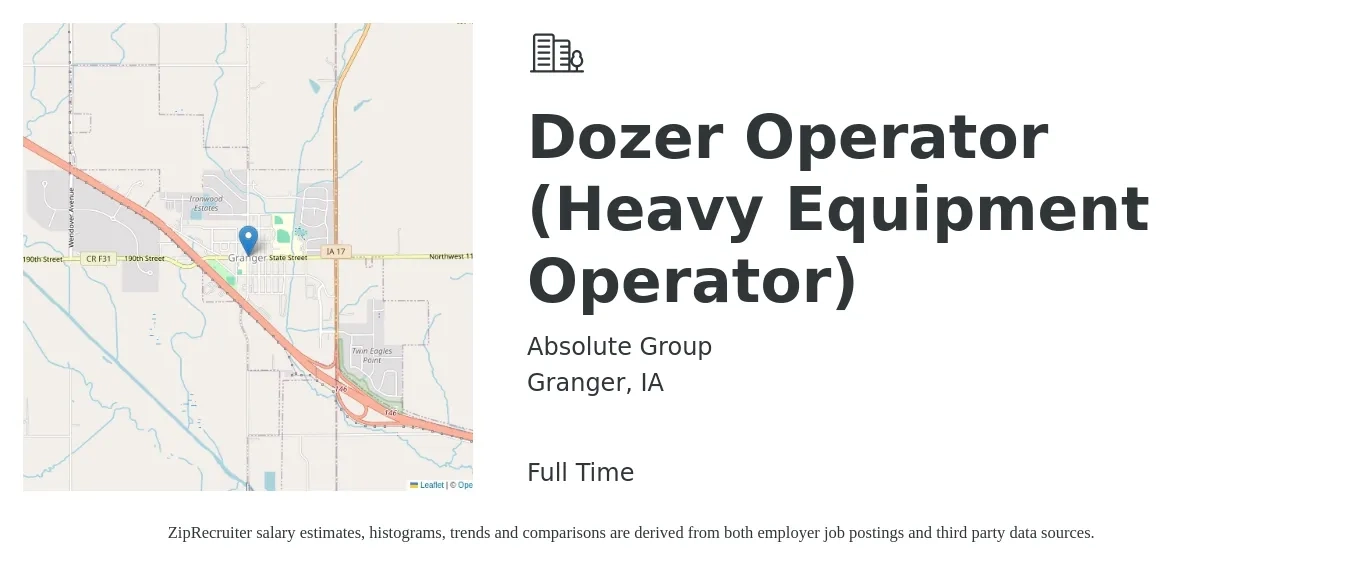 Absolute Group job posting for a Dozer Operator (Heavy Equipment Operator) in Granger, IA with a salary of $20 to $27 Hourly with a map of Granger location.