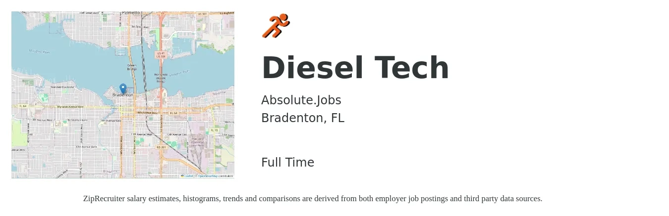 Absolute.Jobs job posting for a Diesel Tech in Bradenton, FL with a salary of $24 to $34 Hourly with a map of Bradenton location.