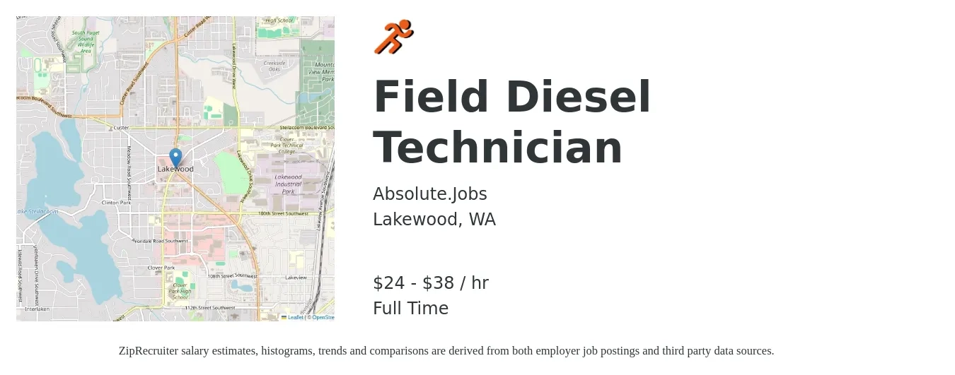 Absolute.Jobs job posting for a Field Diesel Technician in Lakewood, WA with a salary of $25 to $40 Hourly with a map of Lakewood location.