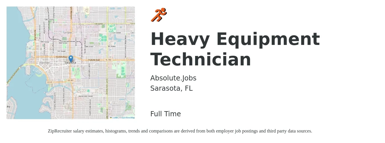 Absolute.Jobs job posting for a Heavy Equipment Technician in Sarasota, FL with a salary of $22 to $32 Hourly with a map of Sarasota location.