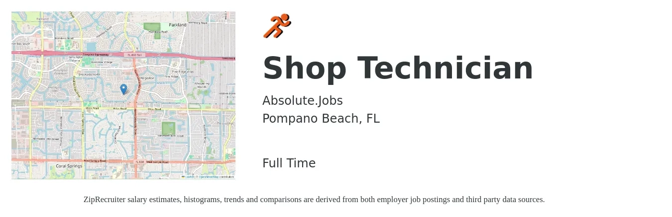 Absolute.Jobs job posting for a Shop Technician in Pompano Beach, FL with a salary of $16 to $23 Hourly with a map of Pompano Beach location.