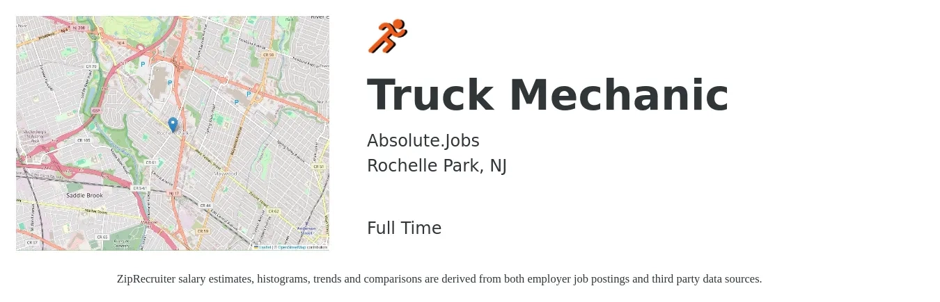 Absolute.Jobs job posting for a Truck Mechanic in Rochelle Park, NJ with a salary of $27 to $34 Hourly with a map of Rochelle Park location.