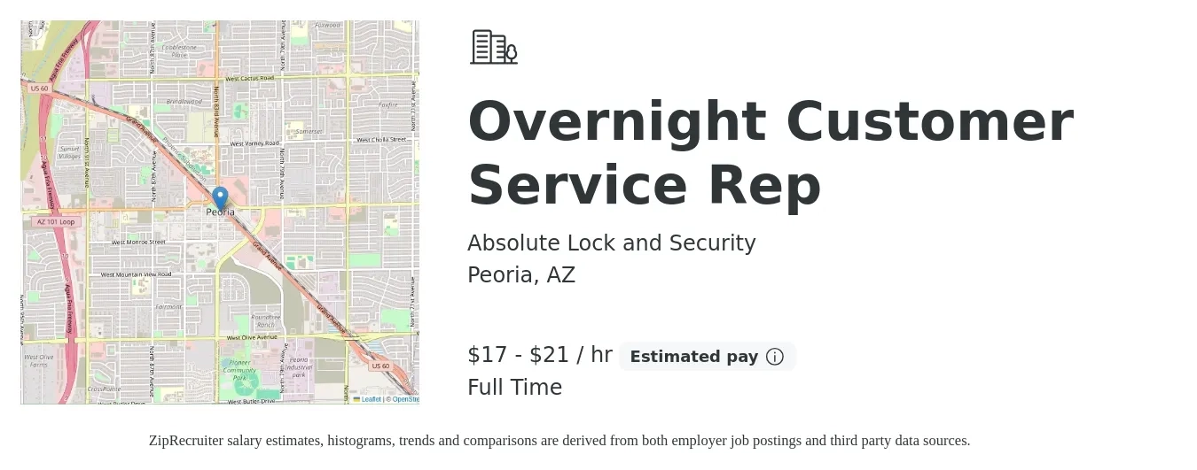 Absolute Lock and Security job posting for a Overnight Customer Service Rep in Peoria, AZ with a salary of $18 to $22 Hourly with a map of Peoria location.