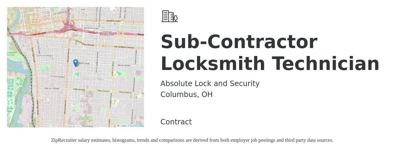 Absolute Lock and Security job posting for a Sub-Contractor Locksmith Technician in Columbus, OH with a salary of $20 to $25 Hourly with a map of Columbus location.