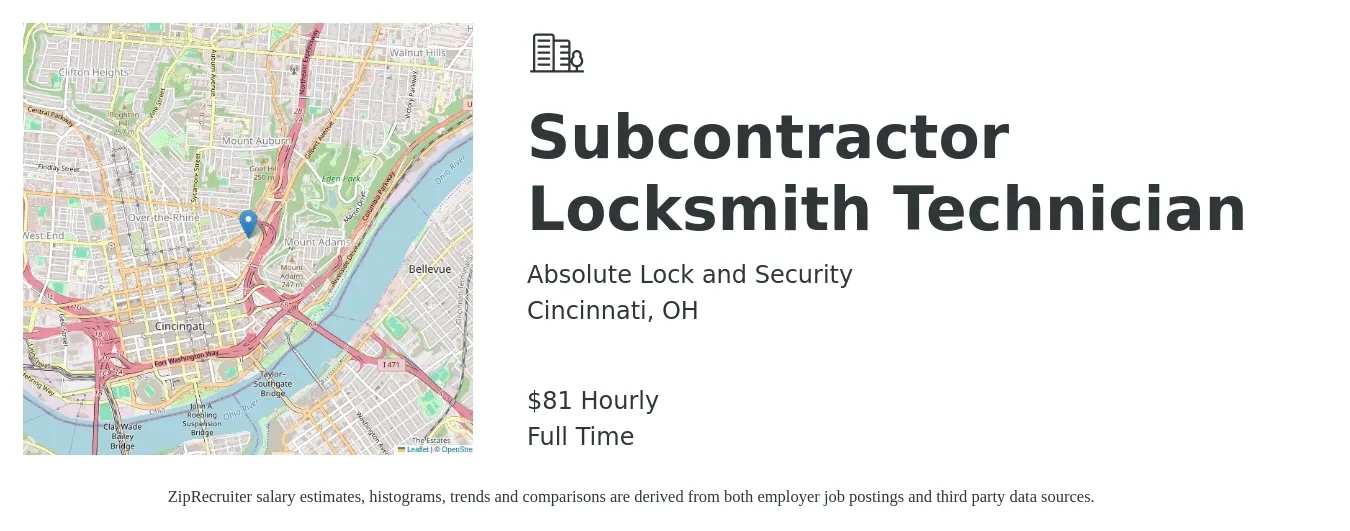 Absolute Lock and Security job posting for a Subcontractor Locksmith Technician in Cincinnati, OH with a salary of $85 Hourly with a map of Cincinnati location.