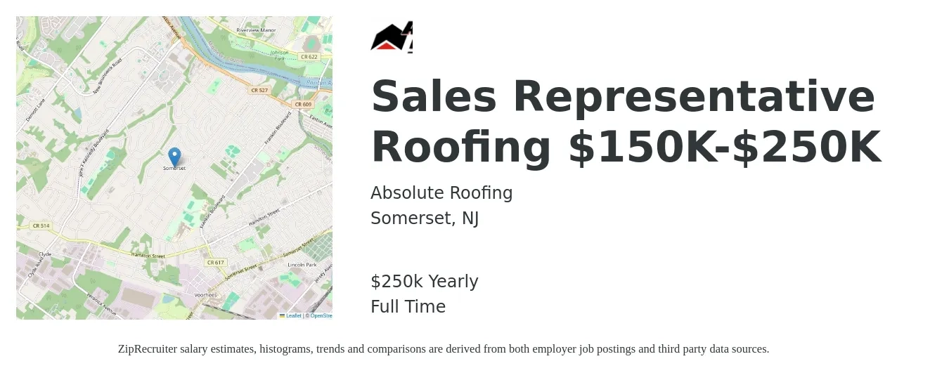 Absolute Roofing job posting for a Sales Representative Roofing $150K-$250K in Somerset, NJ with a salary of $250,000 Yearly with a map of Somerset location.