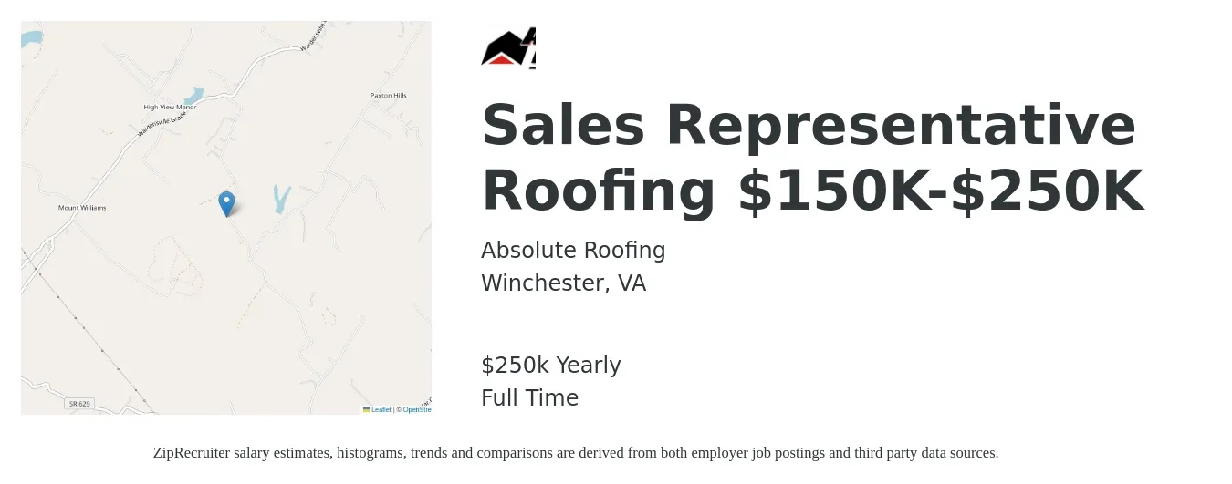 Absolute Roofing job posting for a Sales Representative Roofing $150K-$250K in Winchester, VA with a salary of $250,000 Yearly with a map of Winchester location.