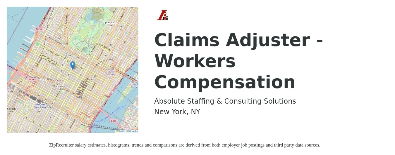 Absolute Staffing & Consulting Solutions job posting for a Claims Adjuster - Workers Compensation in New York, NY with a salary of $72,300 to $93,700 Yearly with a map of New York location.