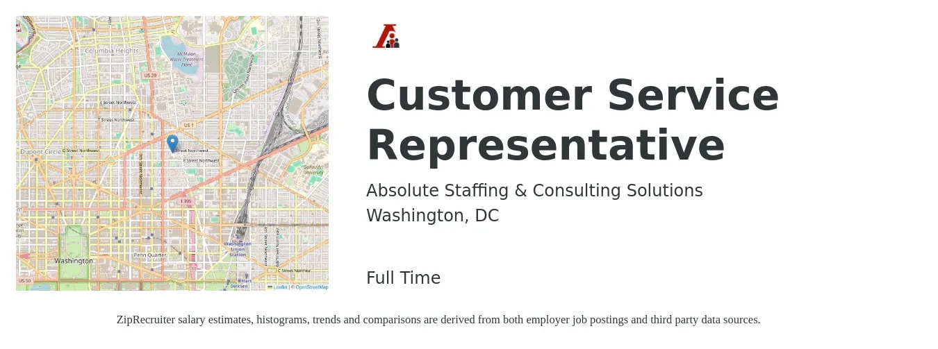 Absolute Staffing & Consulting Solutions job posting for a Customer Service Representative in Washington, DC with a salary of $18 to $24 Hourly with a map of Washington location.