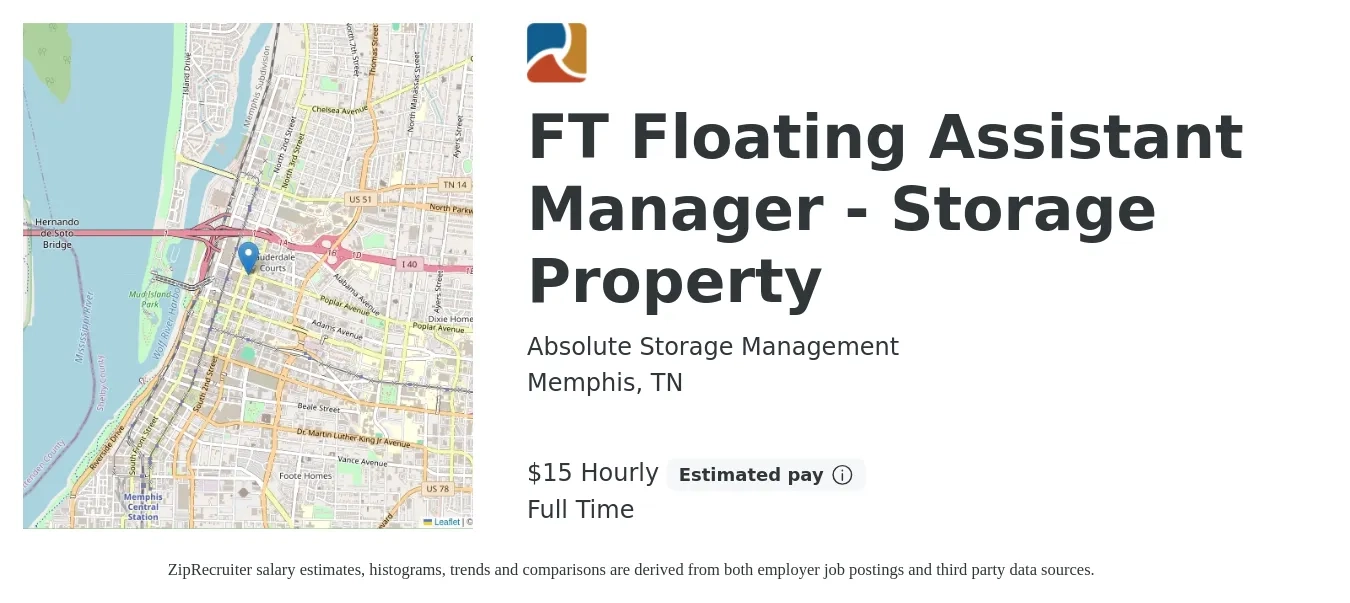 Absolute Storage Management job posting for a FT Floating Assistant Manager - Storage Property in Memphis, TN with a salary of $16 Hourly with a map of Memphis location.