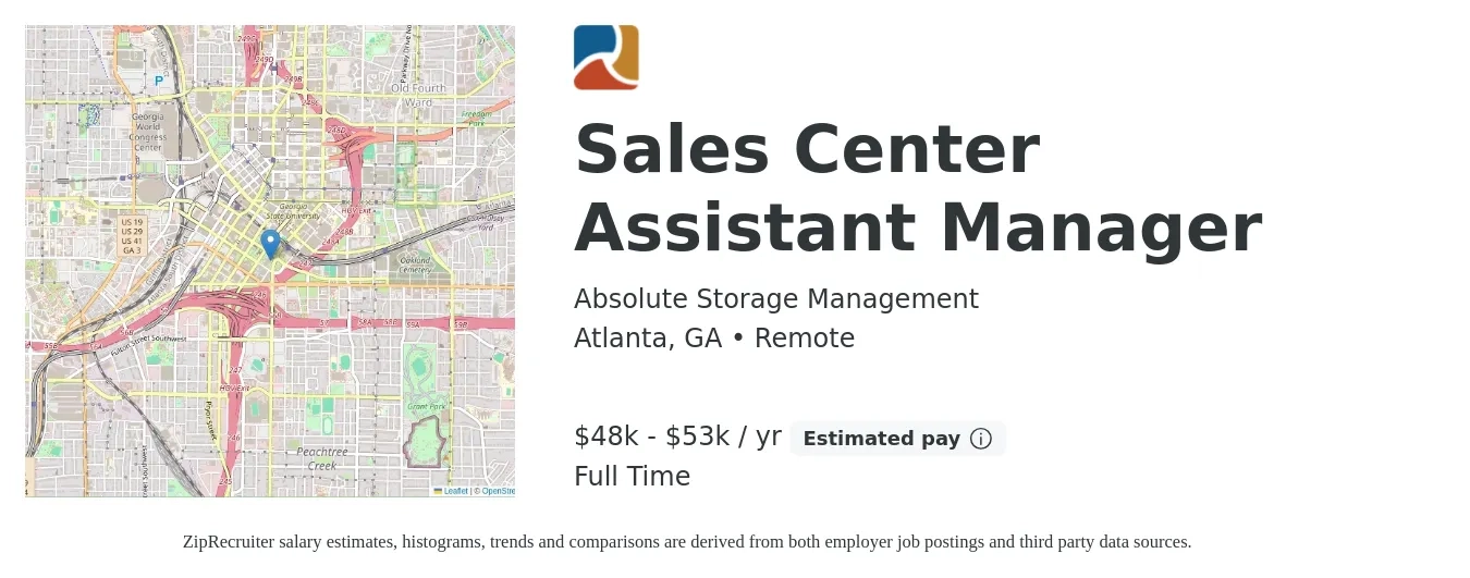 Absolute Storage Management job posting for a Sales Center Assistant Manager in Atlanta, GA with a salary of $48,000 to $53,000 Yearly with a map of Atlanta location.