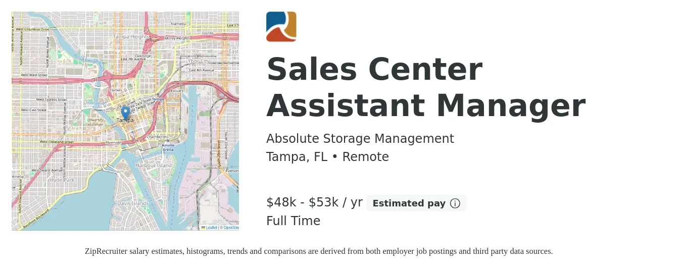 Absolute Storage Management job posting for a Sales Center Assistant Manager in Tampa, FL with a salary of $48,000 to $53,000 Yearly with a map of Tampa location.
