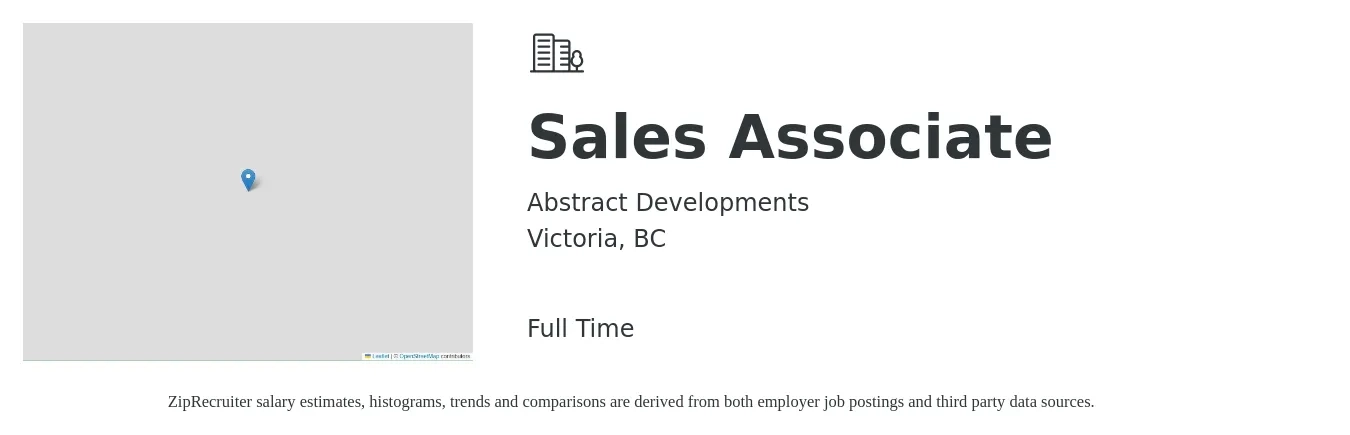 Abstract Developments job posting for a Sales Associate in Victoria, BC with a salary of $50,000 to $70,000 Yearly with a map of Victoria location.