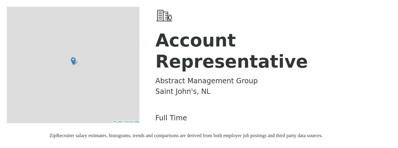 Abstract Management Group job posting for a Account Representative in Saint John's, NL with a map of Saint John's location.