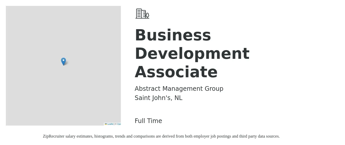 Abstract Management Group job posting for a Business Development Associate in Saint John's, NL with a map of Saint John's location.