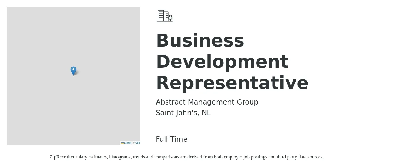 Abstract Management Group job posting for a Business Development Representative in Saint John's, NL with a map of Saint John's location.