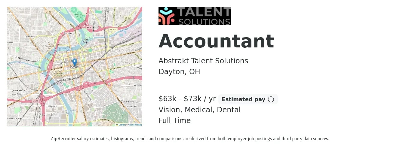 Abstrakt Talent Solutions job posting for a Accountant in Dayton, OH with a salary of $63,000 to $73,000 Yearly and benefits including retirement, vision, dental, life_insurance, medical, and pto with a map of Dayton location.
