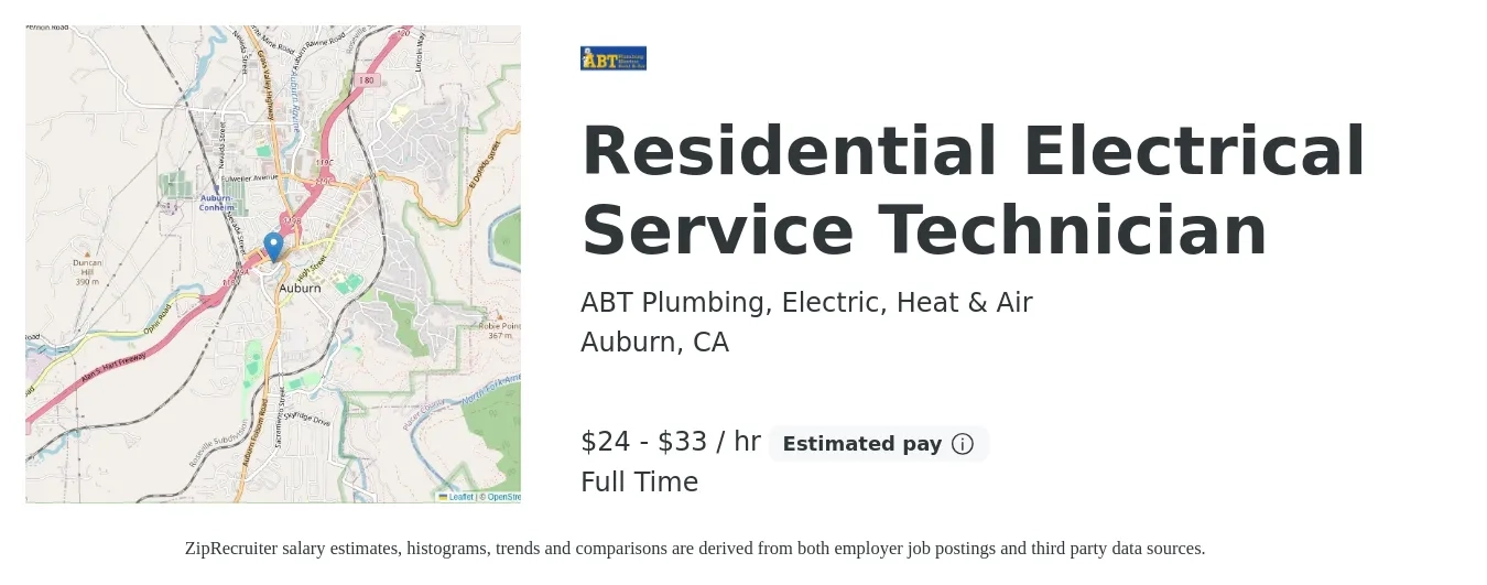 ABT Plumbing, Electric, Heat & Air job posting for a Residential Electrical Service Technician in Auburn, CA with a salary of $25 to $35 Hourly with a map of Auburn location.