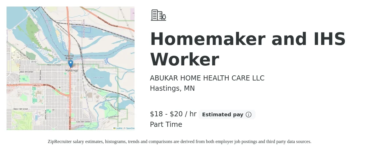 ABUKAR HOME HEALTH CARE LLC job posting for a Homemaker and IHS Worker in Hastings, MN with a salary of $19 to $21 Hourly and benefits including pto with a map of Hastings location.