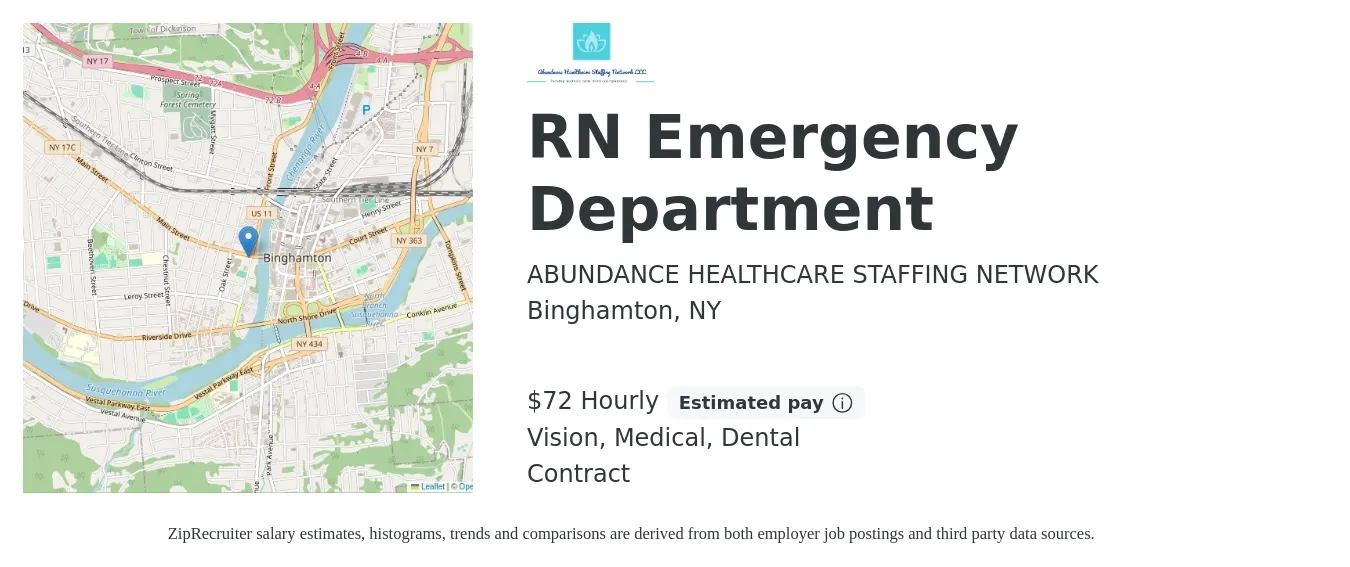 ABUNDANCE HEALTHCARE STAFFING NETWORK job posting for a RN Emergency Department in Binghamton, NY with a salary of $75 Hourly and benefits including dental, medical, and vision with a map of Binghamton location.