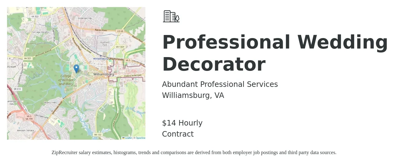 Abundant Professional Services job posting for a Professional Wedding Decorator in Williamsburg, VA with a salary of $15 Hourly with a map of Williamsburg location.