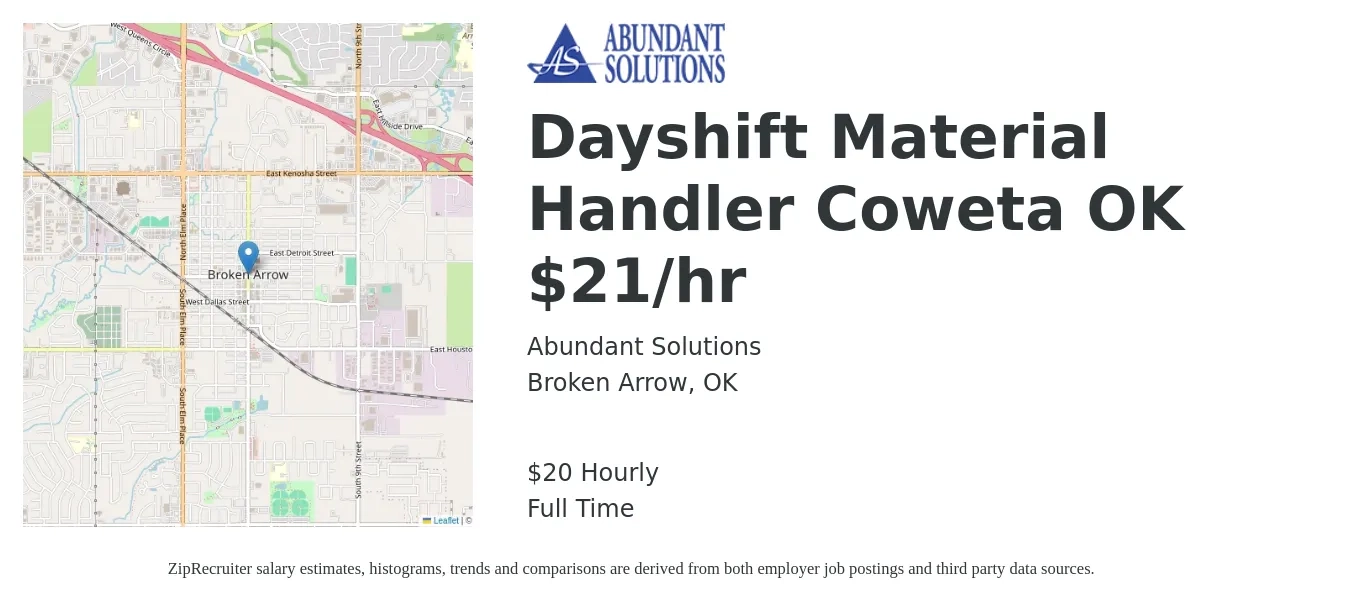 Abundant Solutions job posting for a Dayshift Material Handler Coweta OK $21/hr in Broken Arrow, OK with a salary of $21 Hourly with a map of Broken Arrow location.