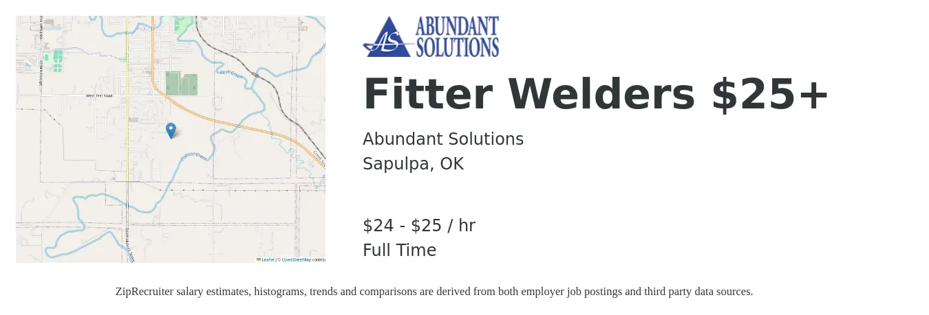 Abundant Solutions job posting for a Fitter Welders $25+ in Sapulpa, OK with a salary of $25 to $27 Hourly with a map of Sapulpa location.