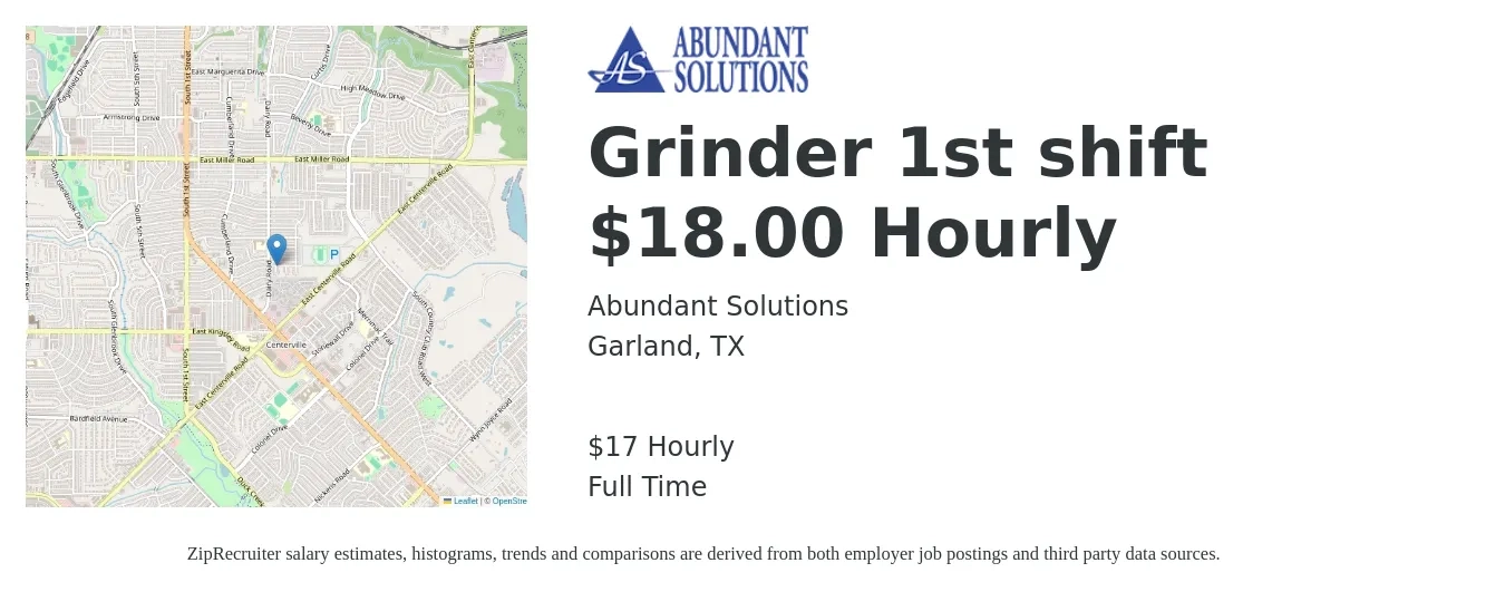 Abundant Solutions job posting for a Grinder 1st shift $18.00 Hourly in Garland, TX with a salary of $18 Hourly with a map of Garland location.