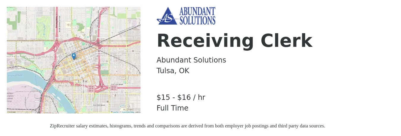 Abundant Solutions job posting for a Receiving Clerk in Tulsa, OK with a salary of $16 to $17 Hourly with a map of Tulsa location.