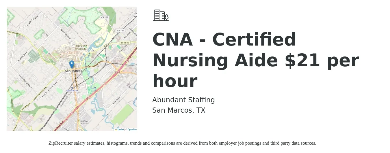 Abundant Staffing job posting for a CNA - Certified Nursing Aide $21 per hour in San Marcos, TX with a salary of $21 Hourly with a map of San Marcos location.