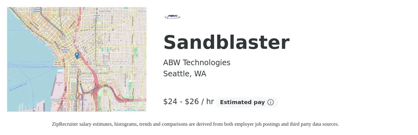 ABW Technologies job posting for a Sandblaster in Seattle, WA with a salary of $25 to $28 Hourly with a map of Seattle location.