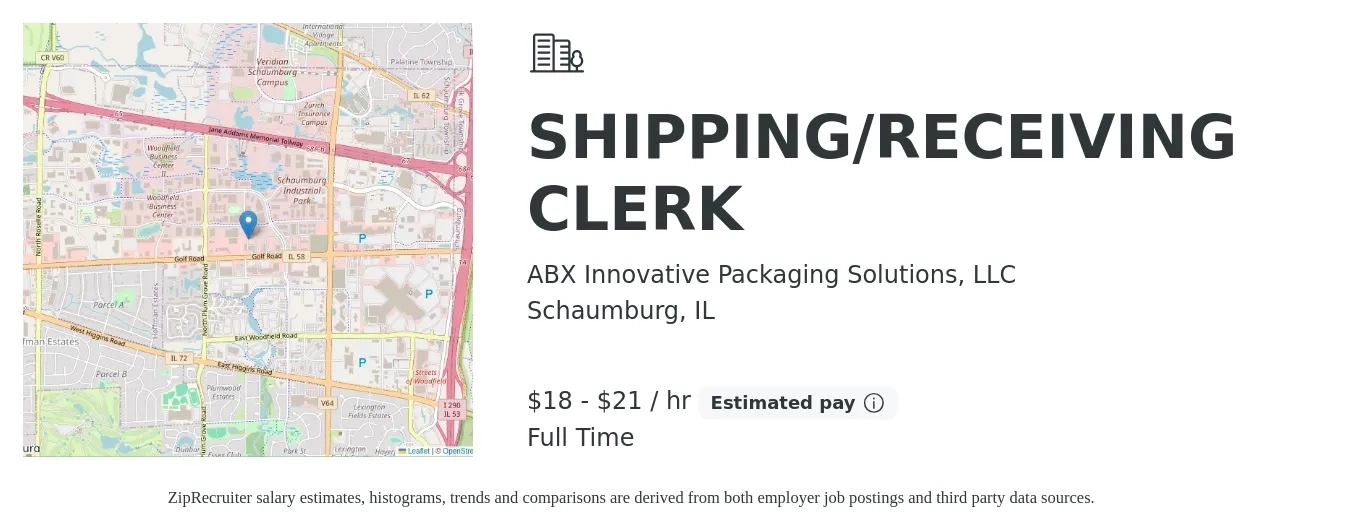 ABX Innovative Packaging Solutions, LLC job posting for a SHIPPING/RECEIVING CLERK in Schaumburg, IL with a salary of $19 to $22 Hourly with a map of Schaumburg location.