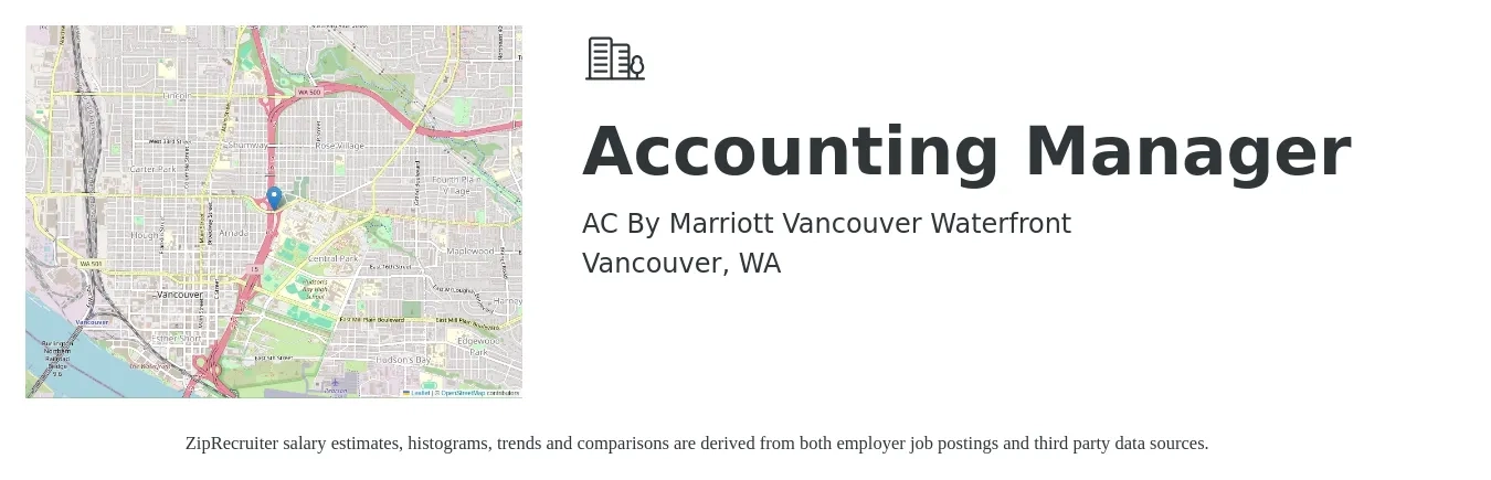 AC By Marriott Vancouver Waterfront job posting for a Accounting Manager in Vancouver, WA with a salary of $81,700 to $117,200 Yearly with a map of Vancouver location.