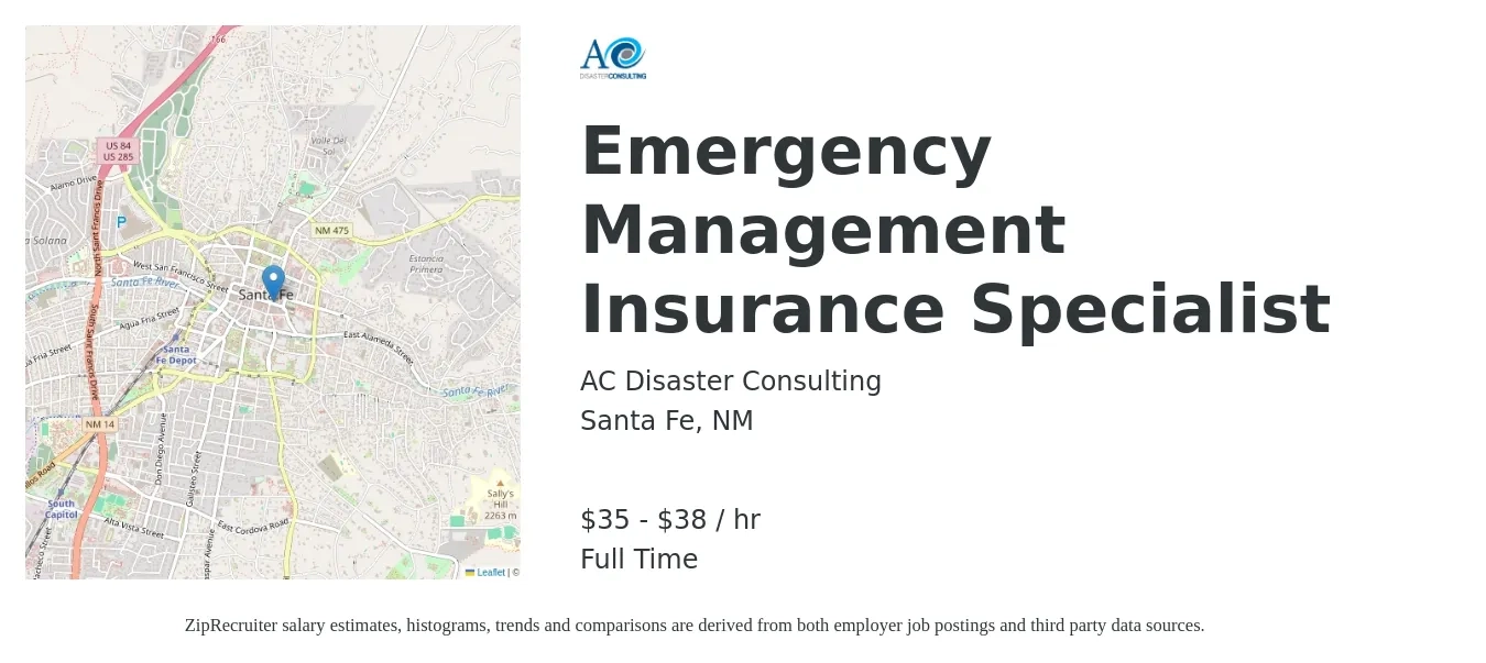 AC Disaster Consulting job posting for a Emergency Management Insurance Specialist in Santa Fe, NM with a salary of $37 to $40 Hourly with a map of Santa Fe location.