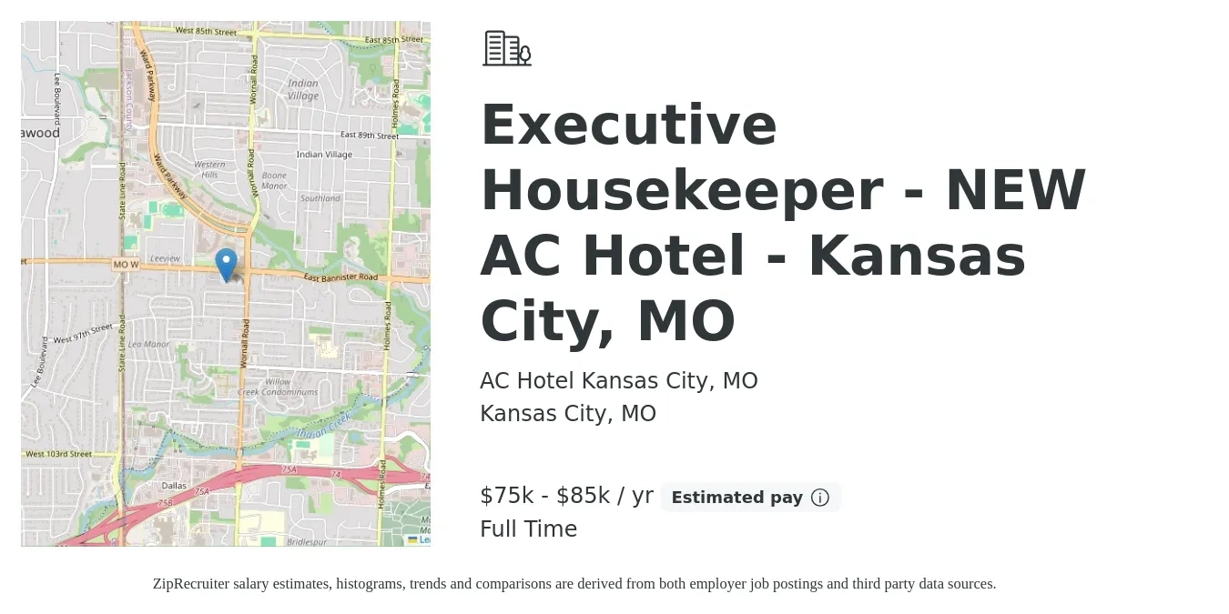 AC Hotel Kansas City, MO job posting for a Executive Housekeeper - NEW AC Hotel - Kansas City, MO in Kansas City, MO with a salary of $17 to $27 Hourly with a map of Kansas City location.
