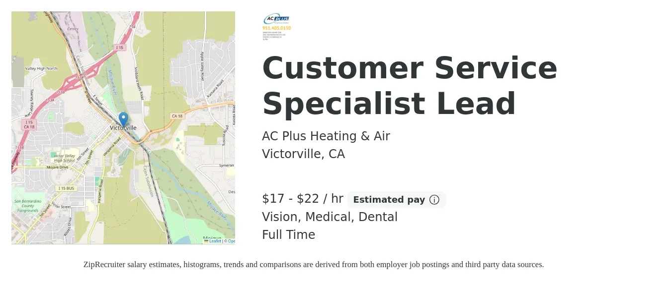 AC Plus Heating & Air job posting for a Customer Service Specialist Lead in Victorville, CA with a salary of $18 to $23 Hourly and benefits including medical, pto, retirement, vision, dental, and life_insurance with a map of Victorville location.
