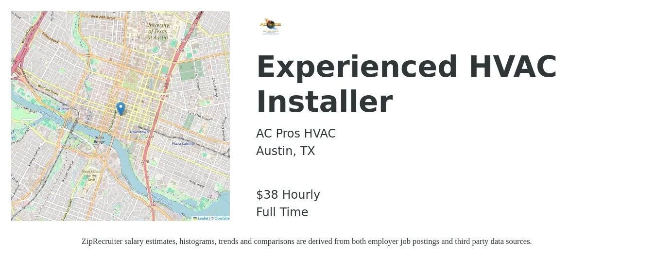 AC Pros HVAC job posting for a Experienced HVAC Installer in Austin, TX with a salary of $40 Hourly with a map of Austin location.