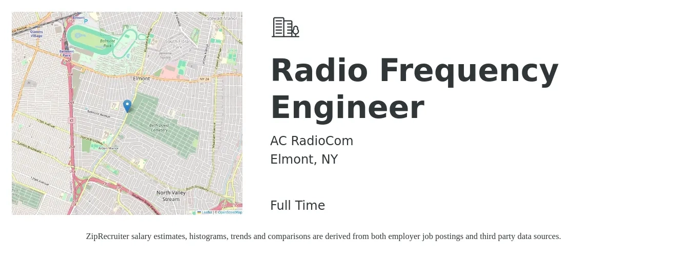 AC RadioCom job posting for a Radio Frequency Engineer in Elmont, NY with a salary of $102,600 to $146,300 Yearly with a map of Elmont location.