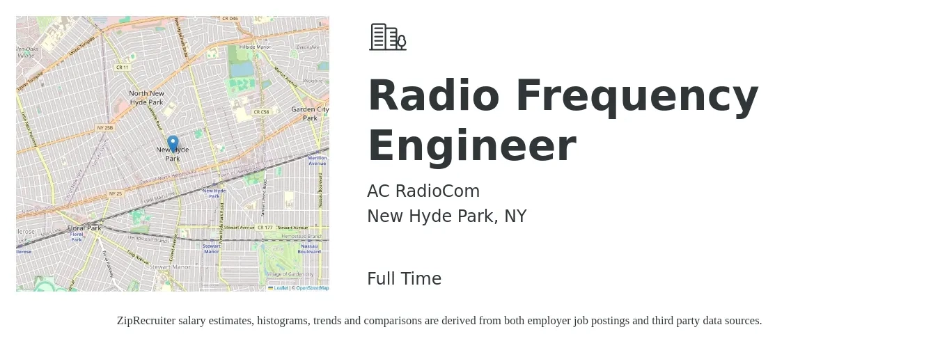 AC RadioCom job posting for a Radio Frequency Engineer in New Hyde Park, NY with a salary of $103,600 to $147,600 Yearly with a map of New Hyde Park location.