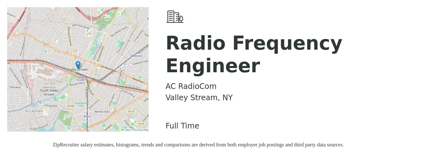 AC RadioCom job posting for a Radio Frequency Engineer in Valley Stream, NY with a salary of $102,000 to $145,400 Yearly with a map of Valley Stream location.