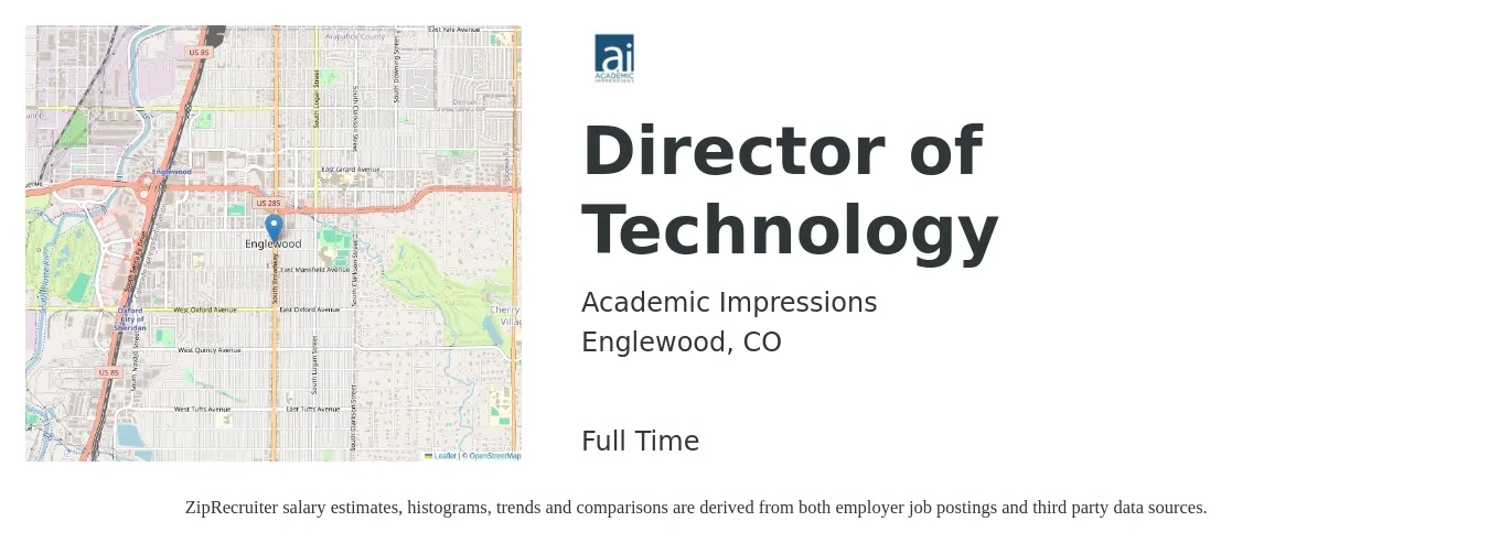 Academic Impressions job posting for a Director of Technology in Englewood, CO with a salary of $150,000 Yearly with a map of Englewood location.